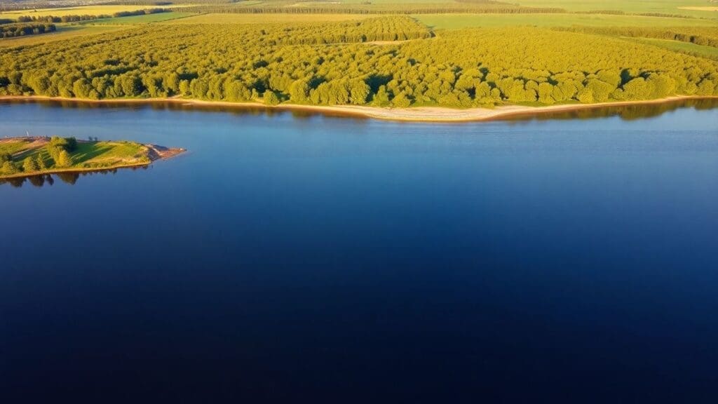 aerial view of riverfront with dense green forest and calm water