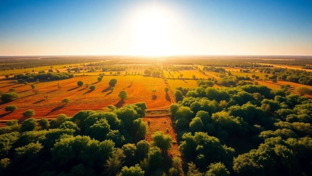 Aerial view of sunlit fields and green trees at sunset