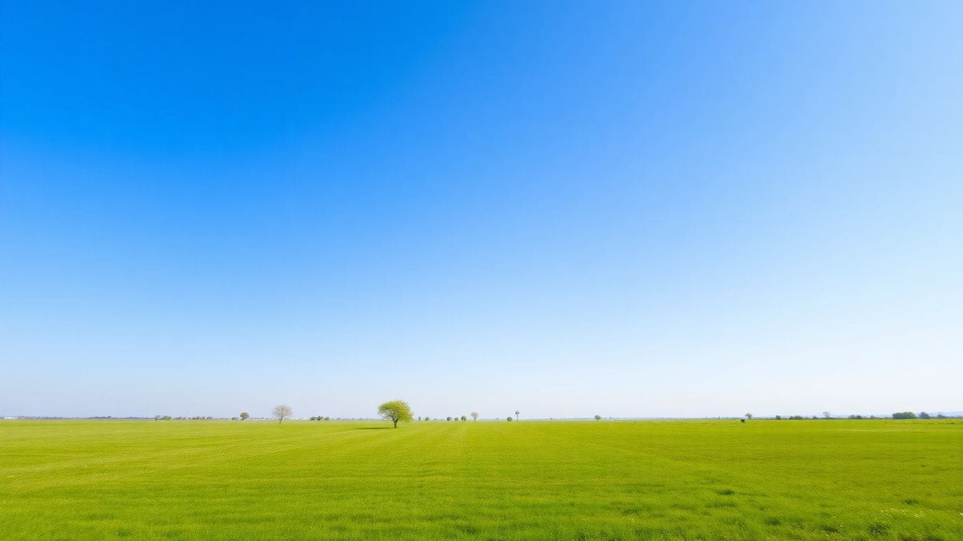 vast green field under clear blue sky with scattered trees