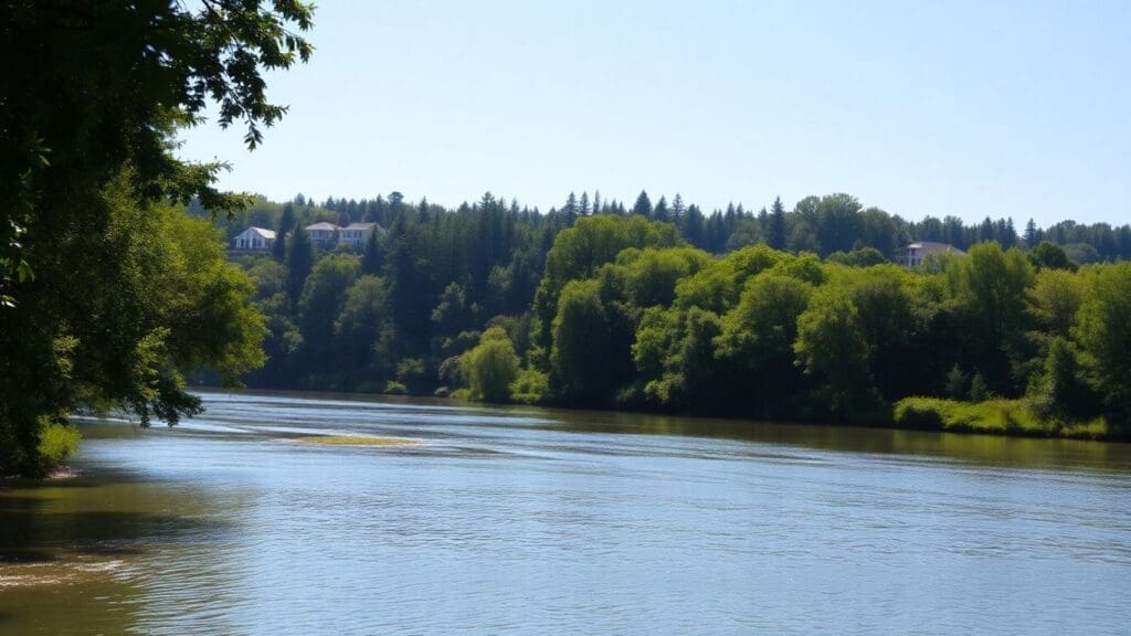 river with lush green trees and distant houses under clear sky