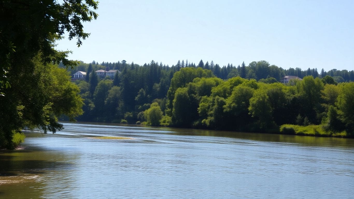 river with lush green trees and distant houses under clear sky