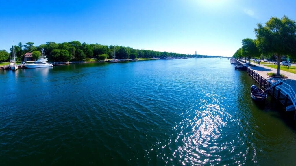 riverfront with boats docked and lush trees under clear blue sky