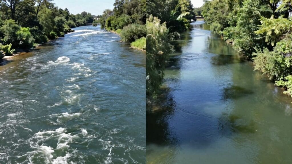 side-by-side view of a river and a canal with lush greenery