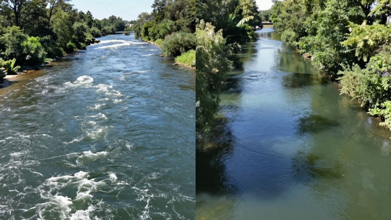 side-by-side view of a river and a canal with lush greenery