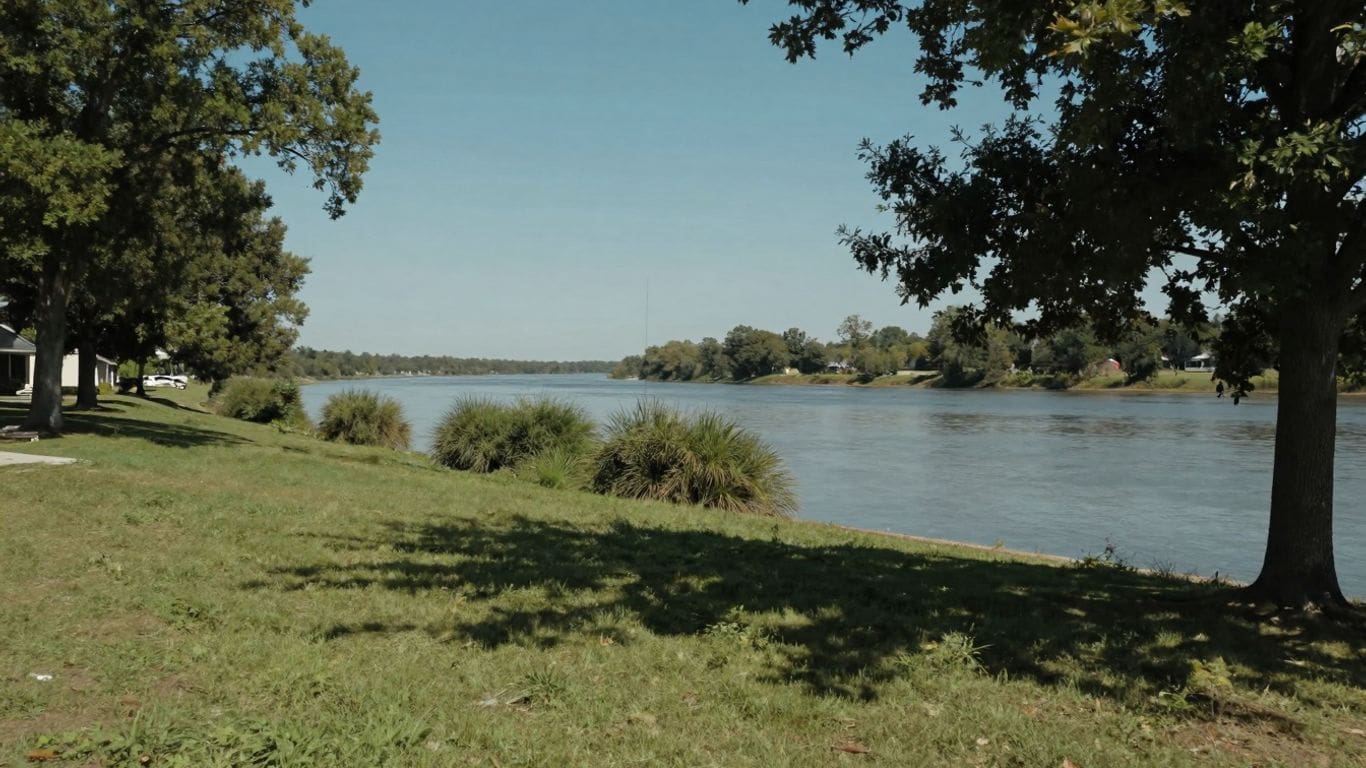 riverfront with green grass and trees under blue sky
