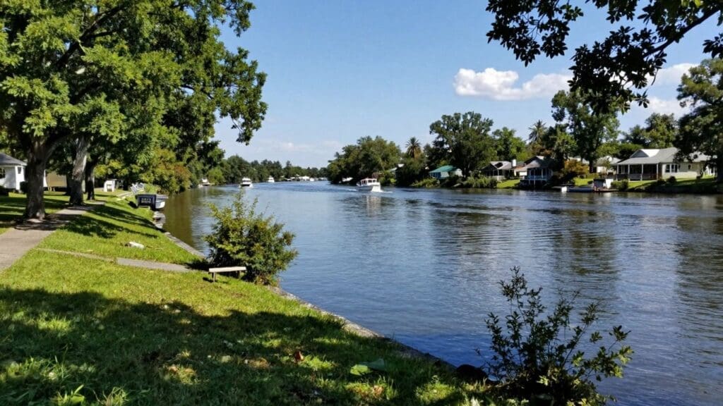 riverfront with trees, boats, and houses on a sunny day