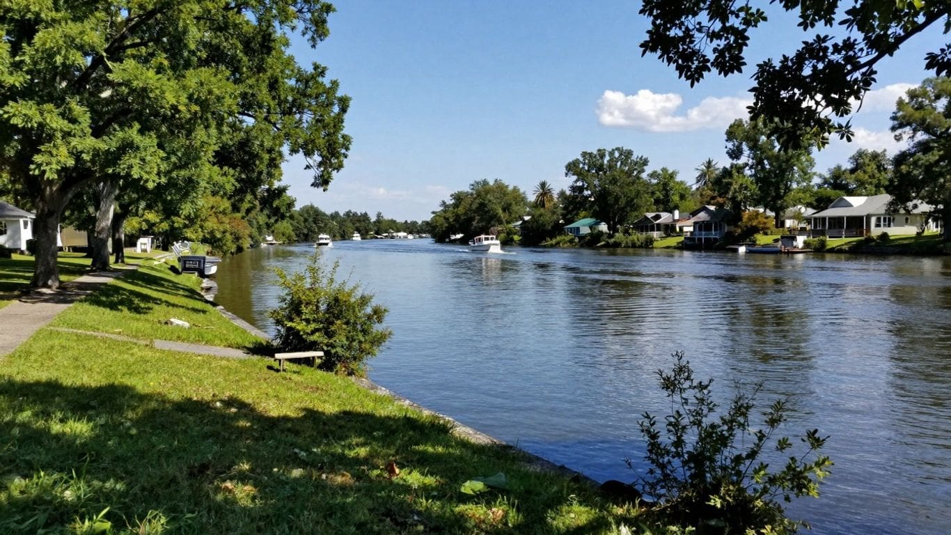 riverfront with trees, boats, and houses on a sunny day