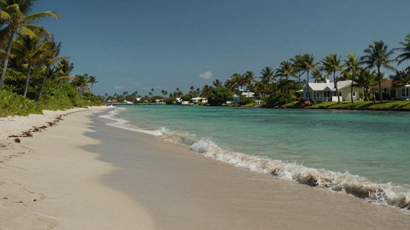 tropical beach with palm trees and ocean waves