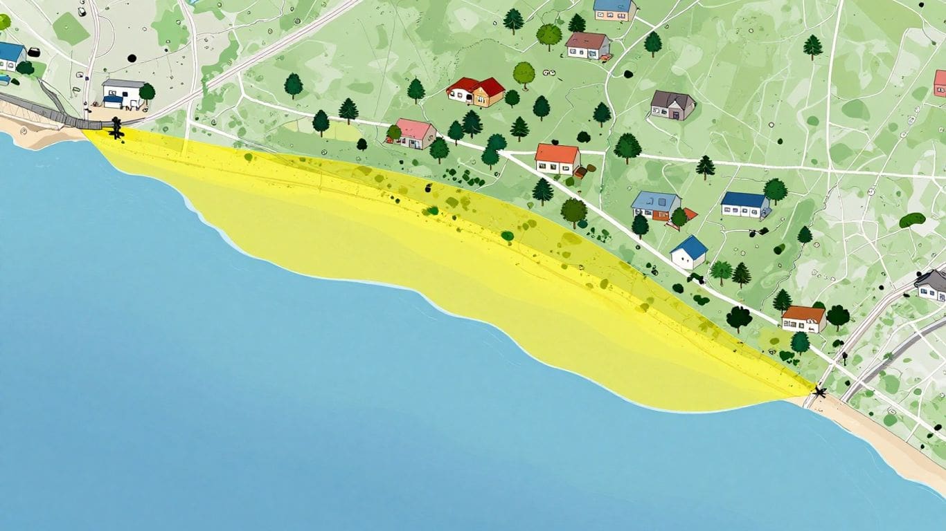 illustrated map of coastal town with yellow highlighted beach