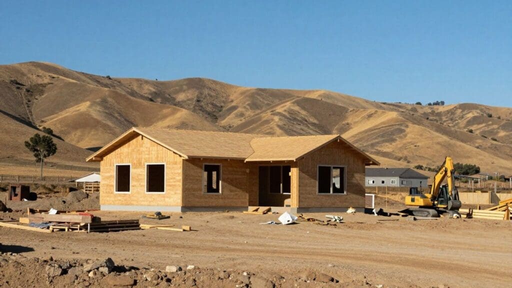 unfinished house construction site with hills in background