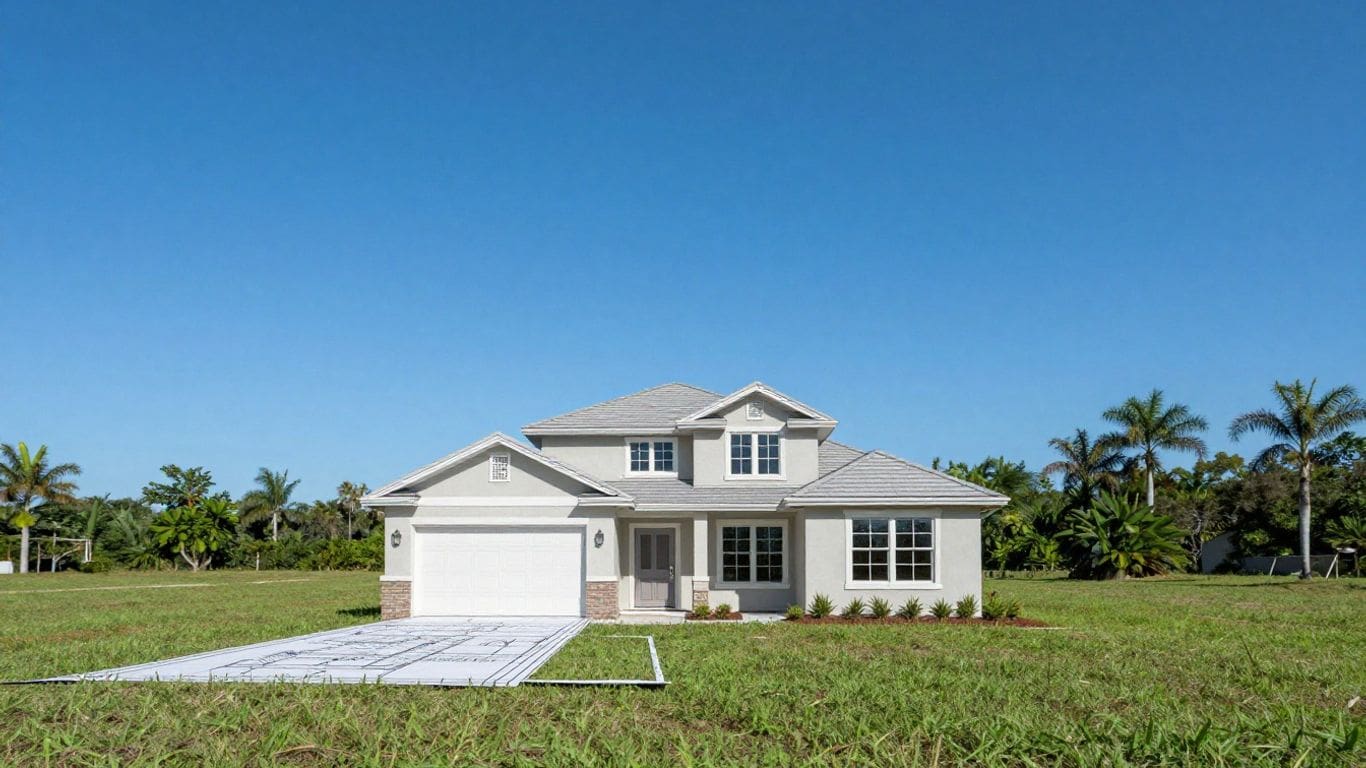 modern two-story house with garage on grassy lot
