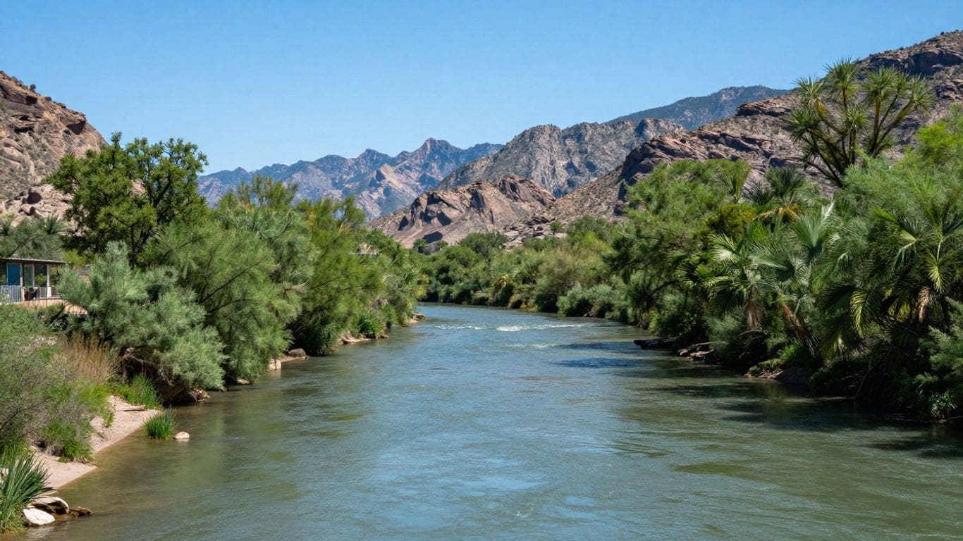 River flowing through desert landscape with mountains