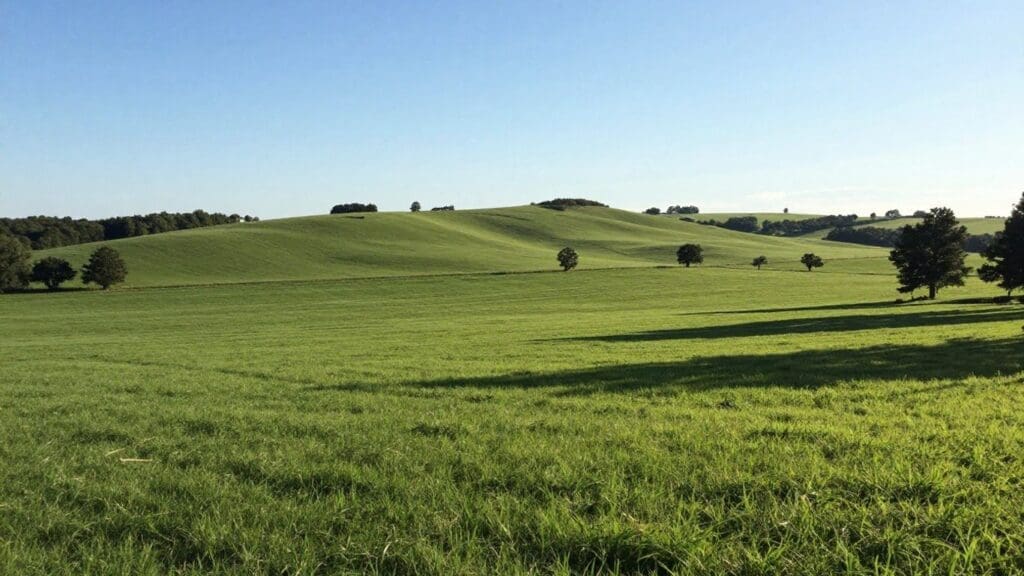 rolling green hills with scattered trees under clear blue sky