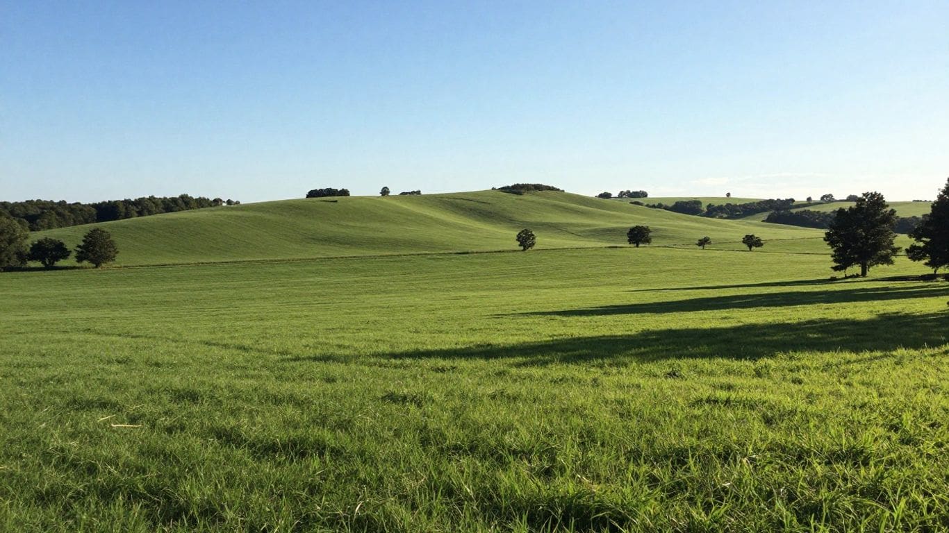 rolling green hills with scattered trees under clear blue sky