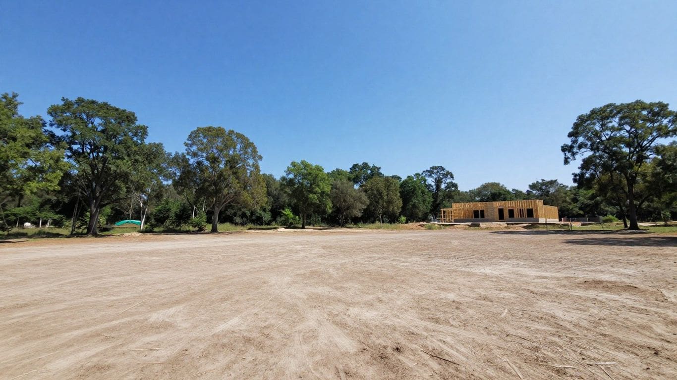 Wooden house frame under construction near trees