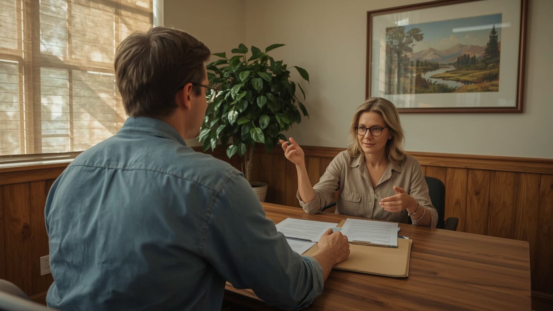 Borrower meeting with community bank loan officer discussing raw land financing approval