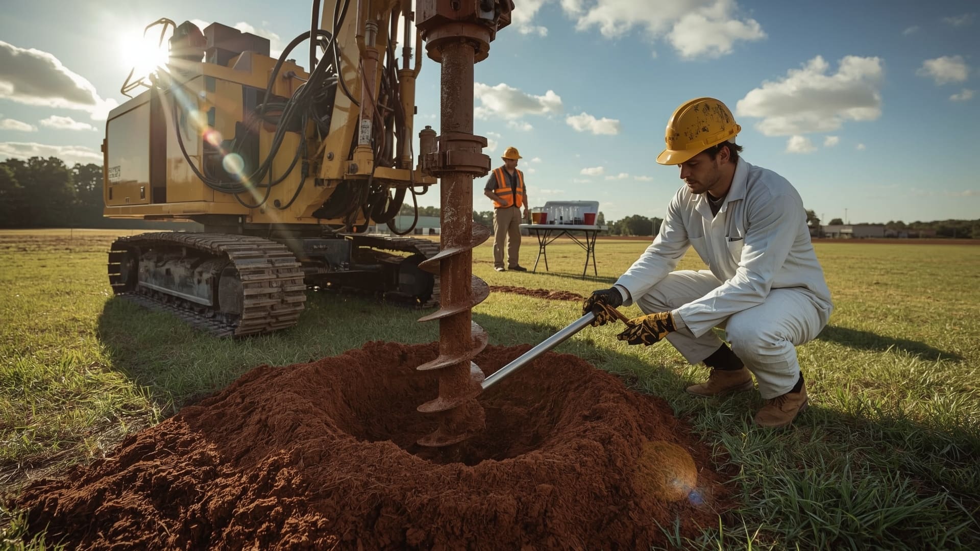 Drilling crew collecting soil boring samples during Phase II environmental site assessment