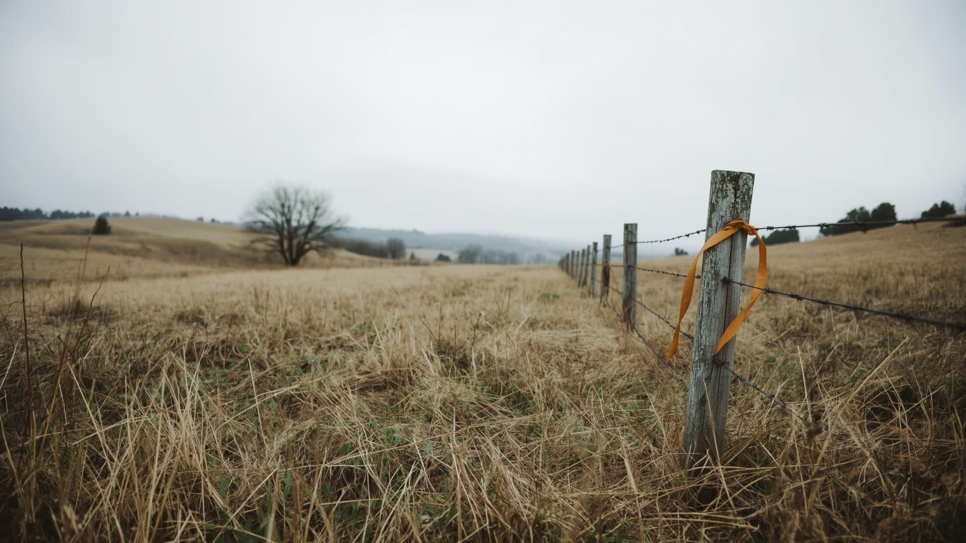 Empty undeveloped rural land parcel with weathered survey stake and old fence
