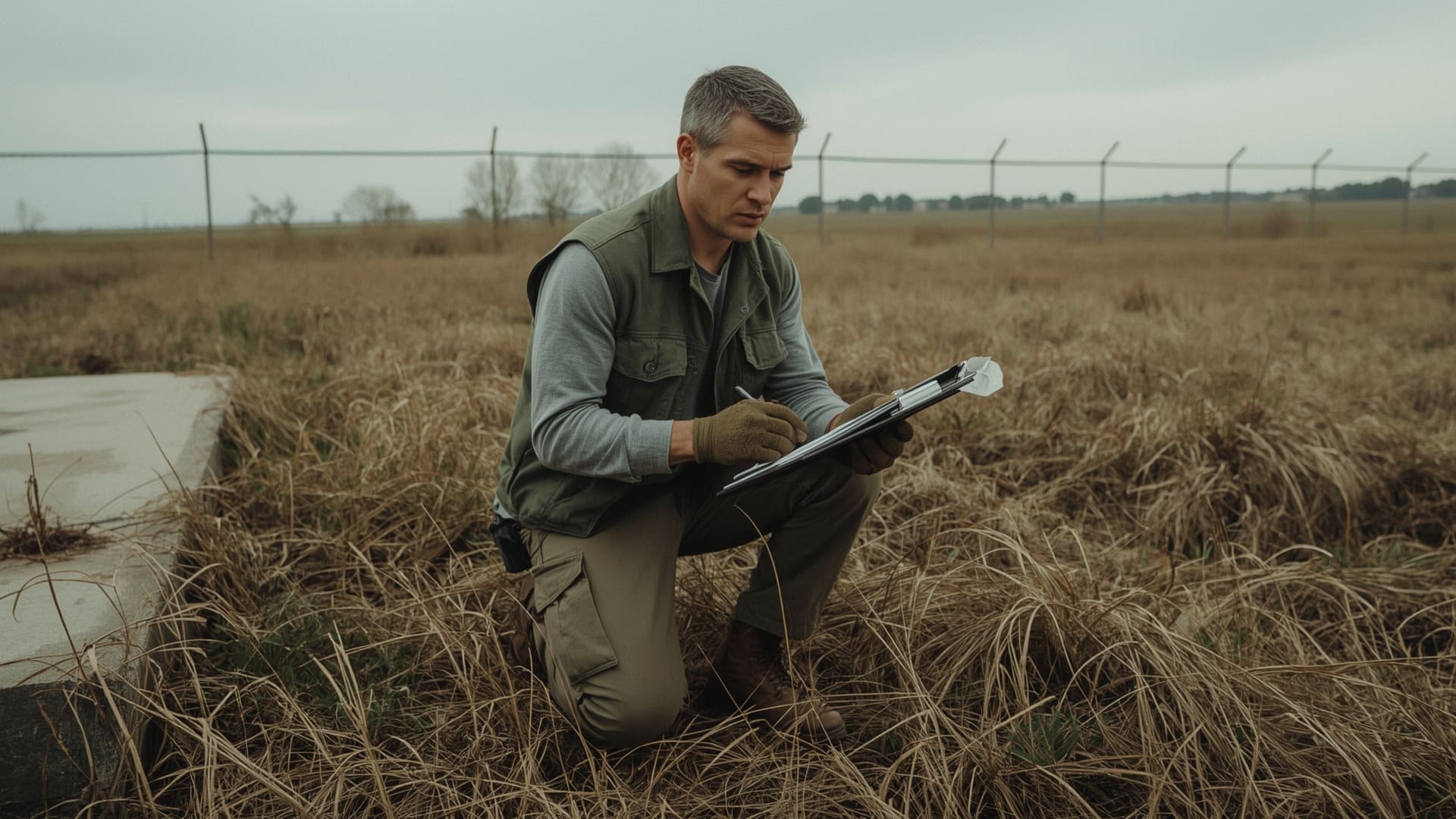 Environmental professional conducting Phase I site walk inspection on undeveloped land parcel