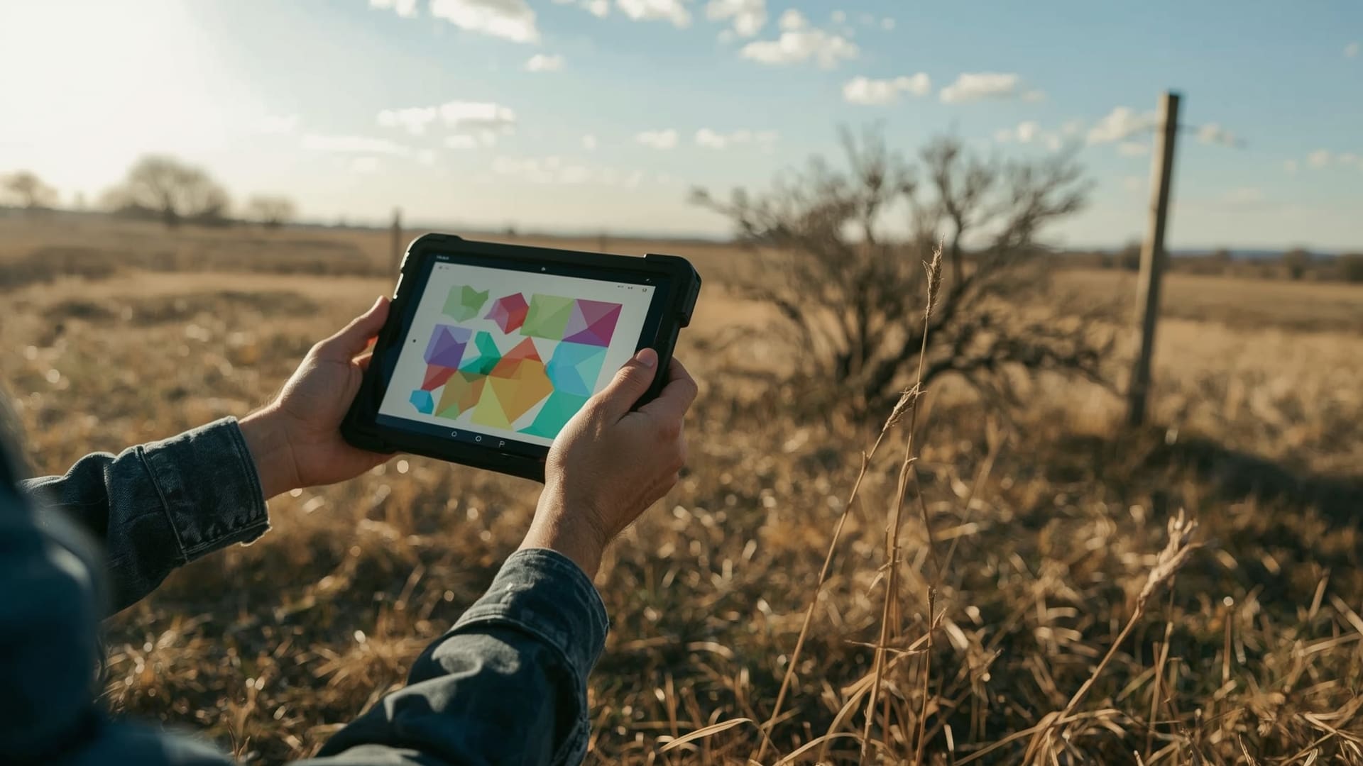 Hands reading a zoning parcel map on a tablet at a land site