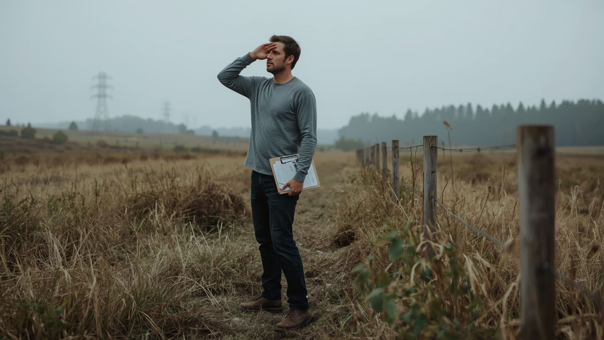 Land buyer assessing undeveloped parcel feasibility on overcast morning