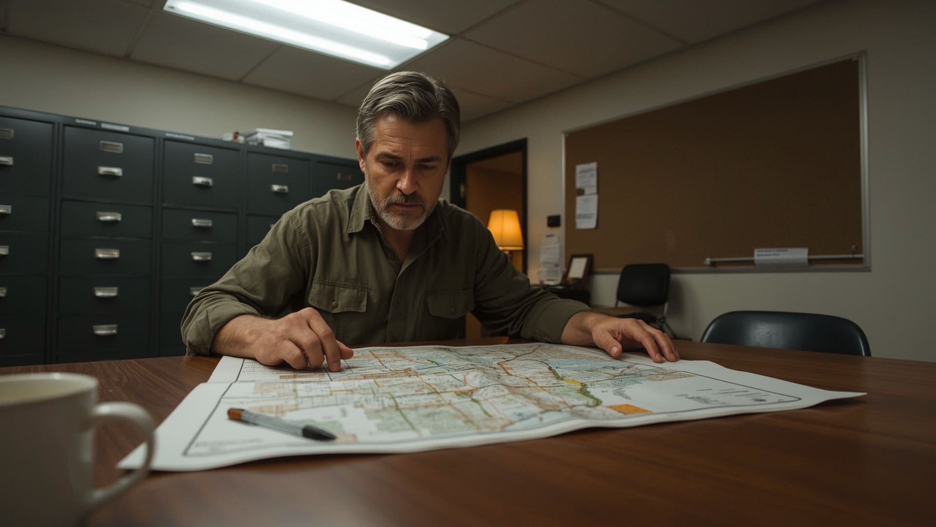 Land buyer reviewing zoning map documents at county planning office