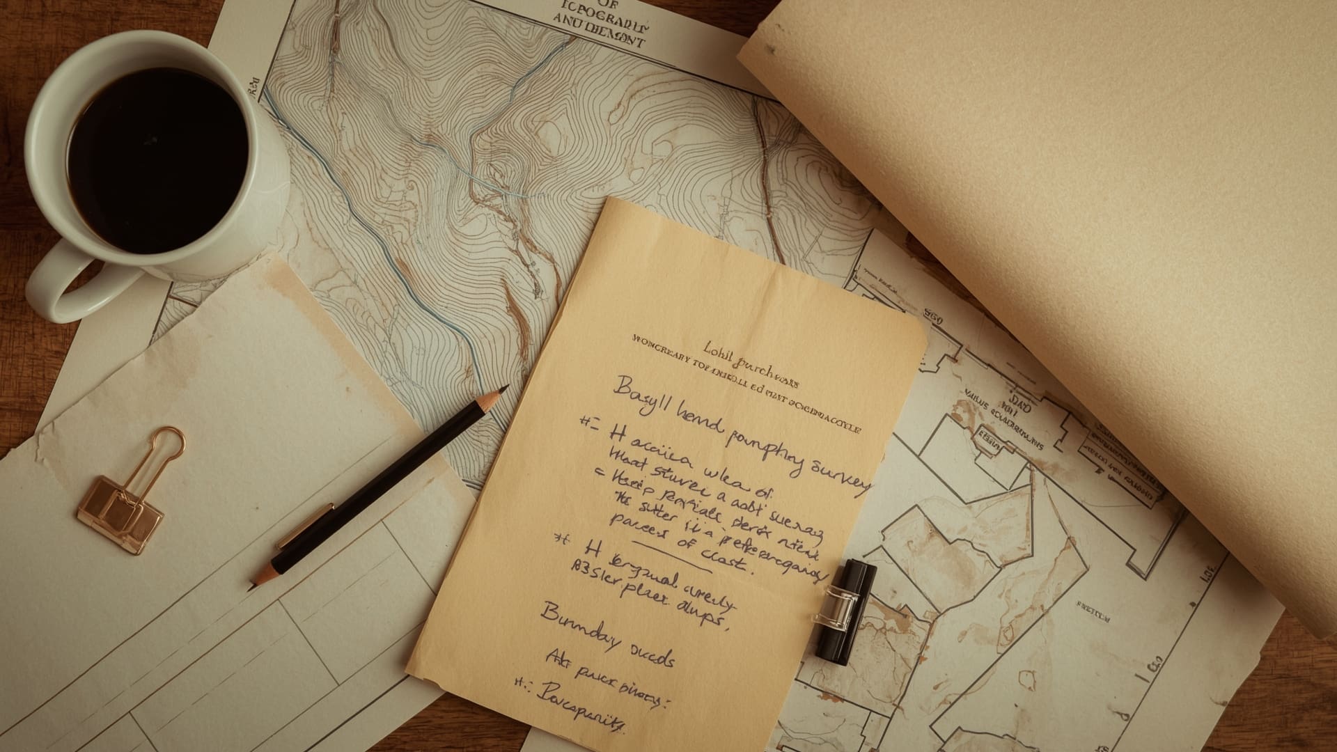 Overhead view of land survey documents and paperwork on oak desk for loan application