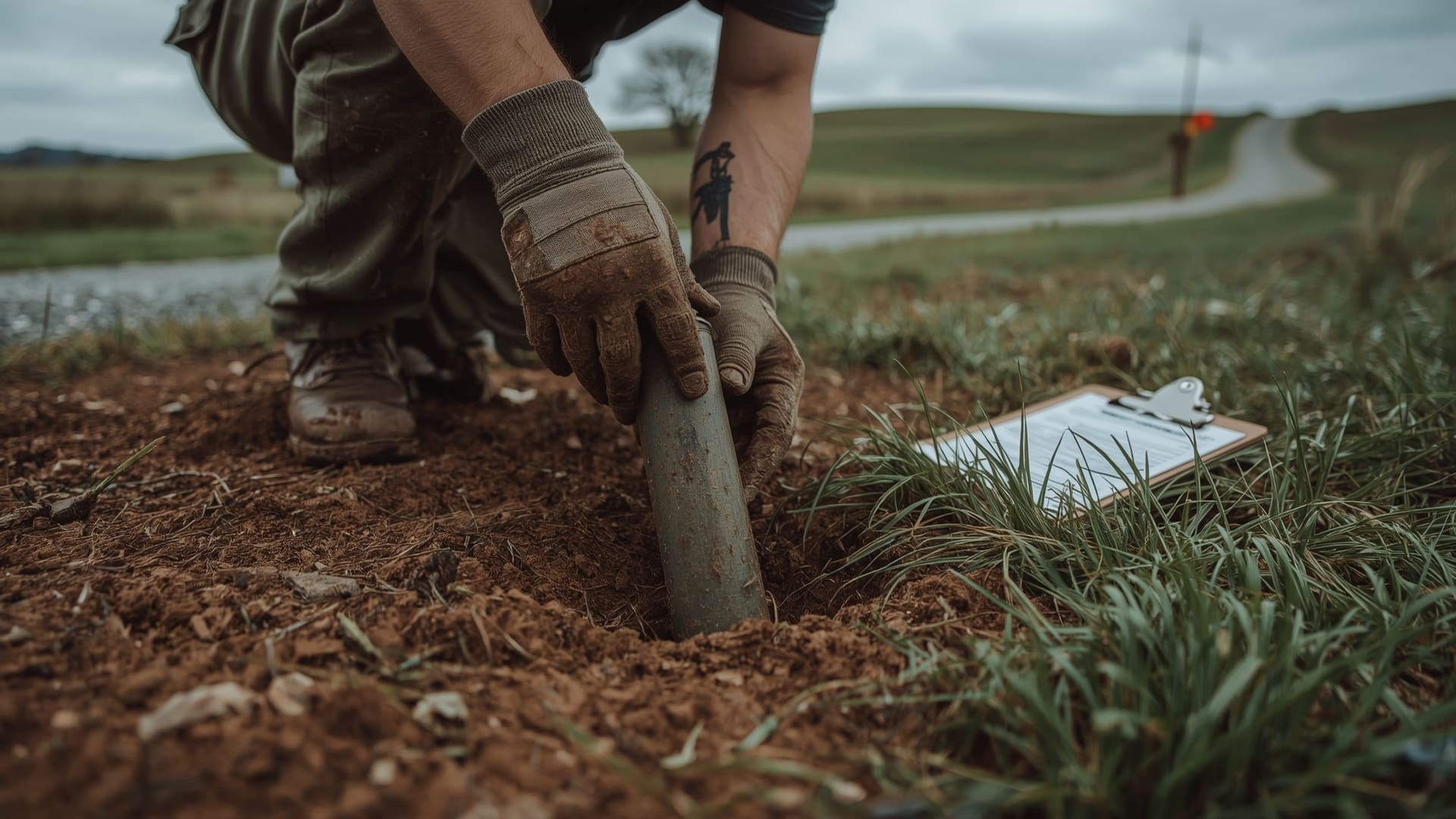 Person conducting soil test on rural land parcel during property due diligence inspection