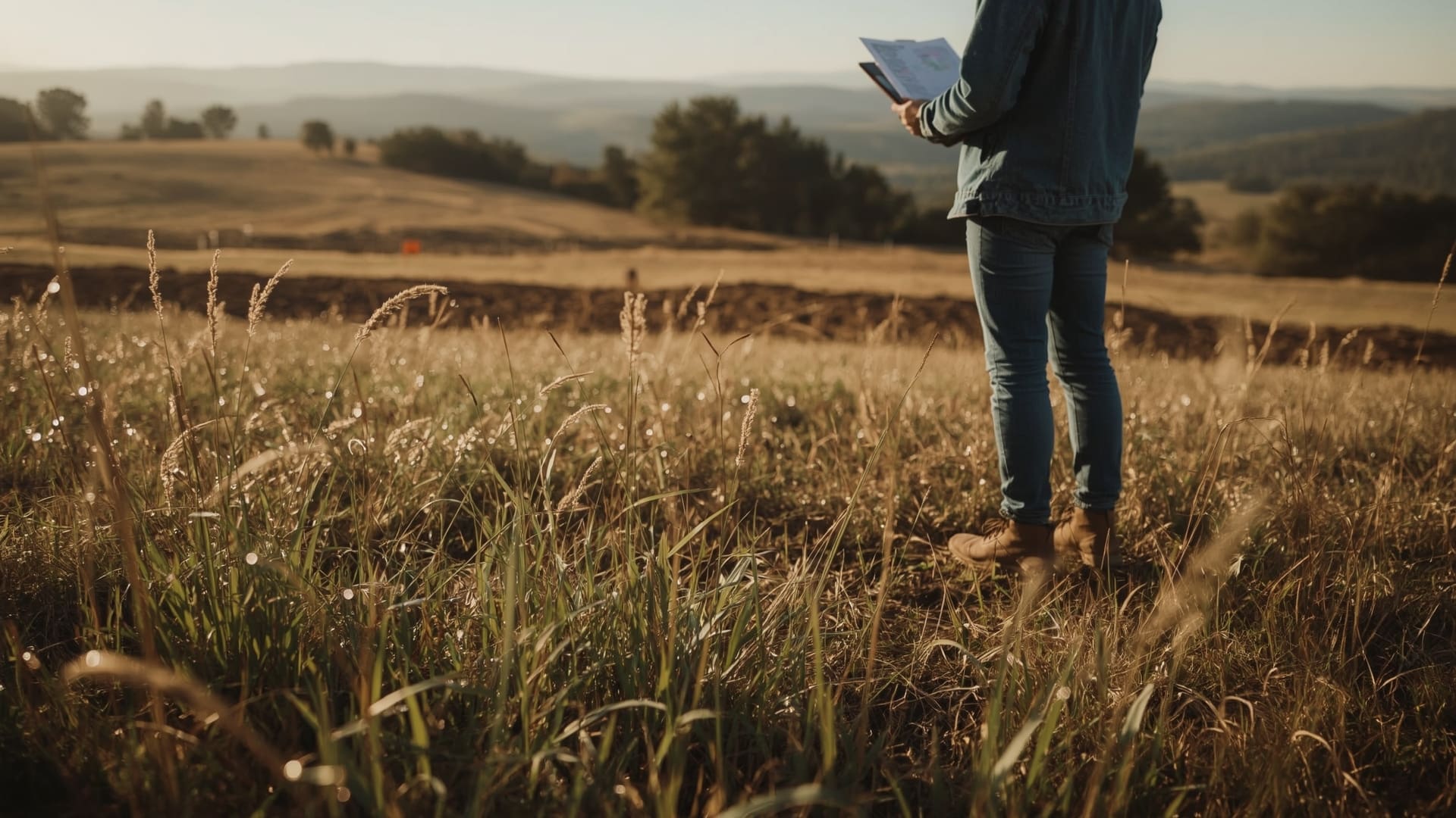 Person in jeans holding papers in grassy field at sunset