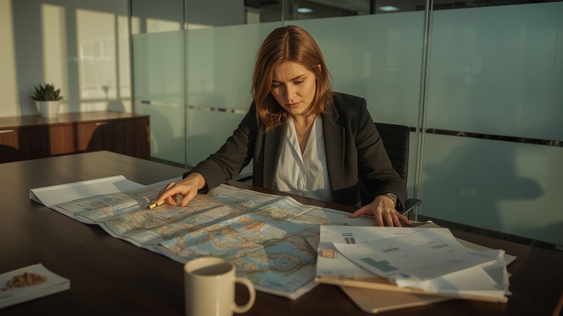 Real estate professional reviewing Phase I environmental site assessment report before land purchase