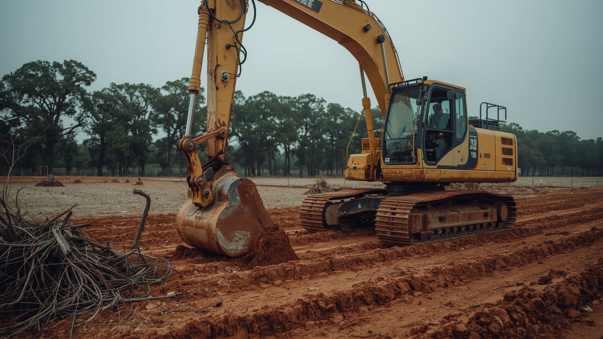 Excavator grading raw clay soil during land clearing on rural development parcel