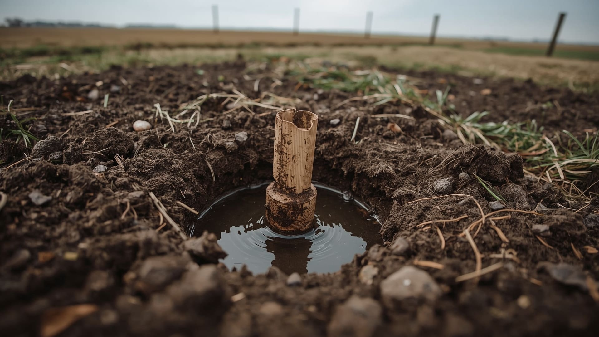 Freshly dug percolation test hole in dark loamy soil with measuring stake