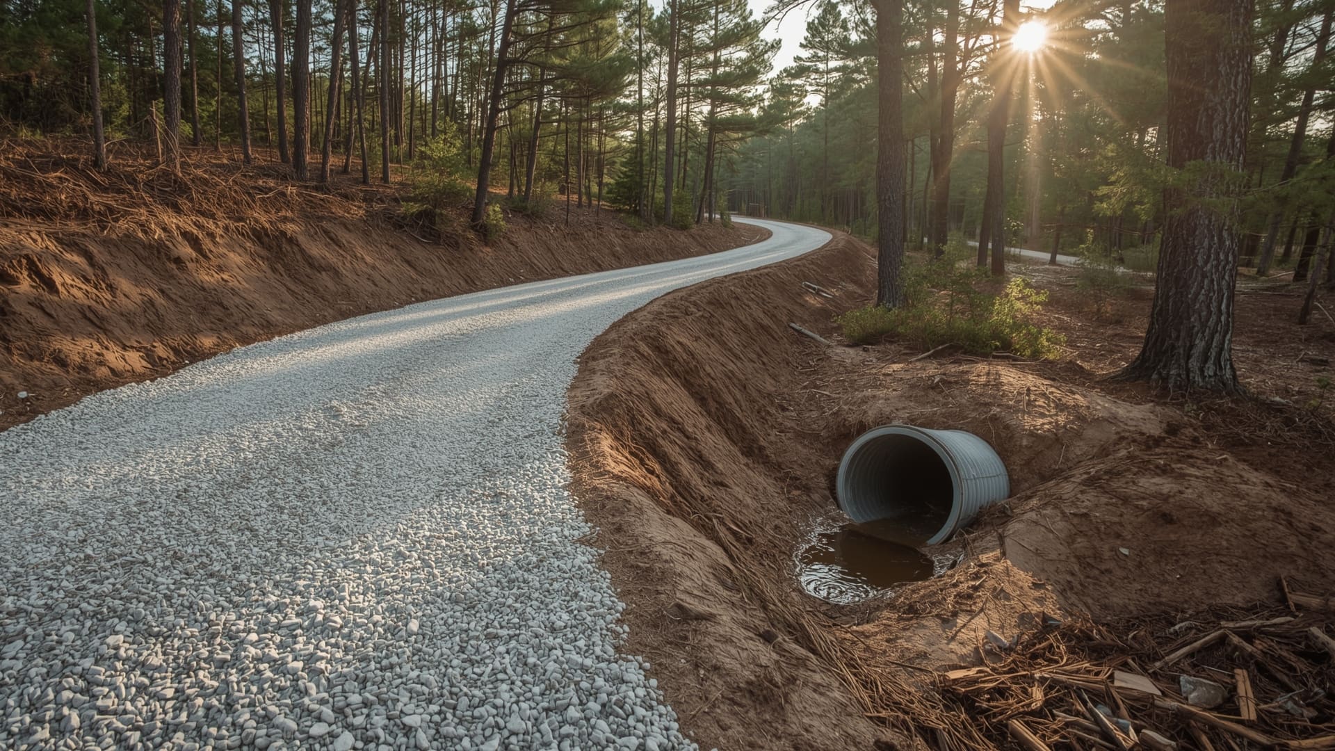 Freshly graded gravel driveway through woodland on raw rural land development site
