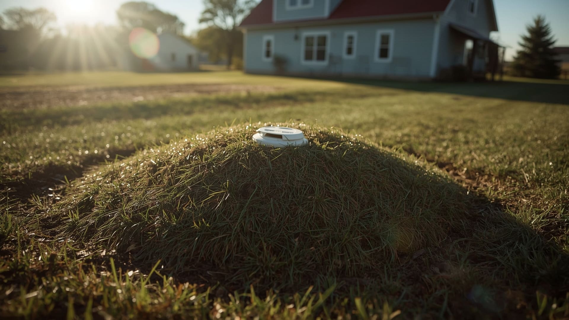 Grass-covered mound septic system installed on rural residential property at golden hour