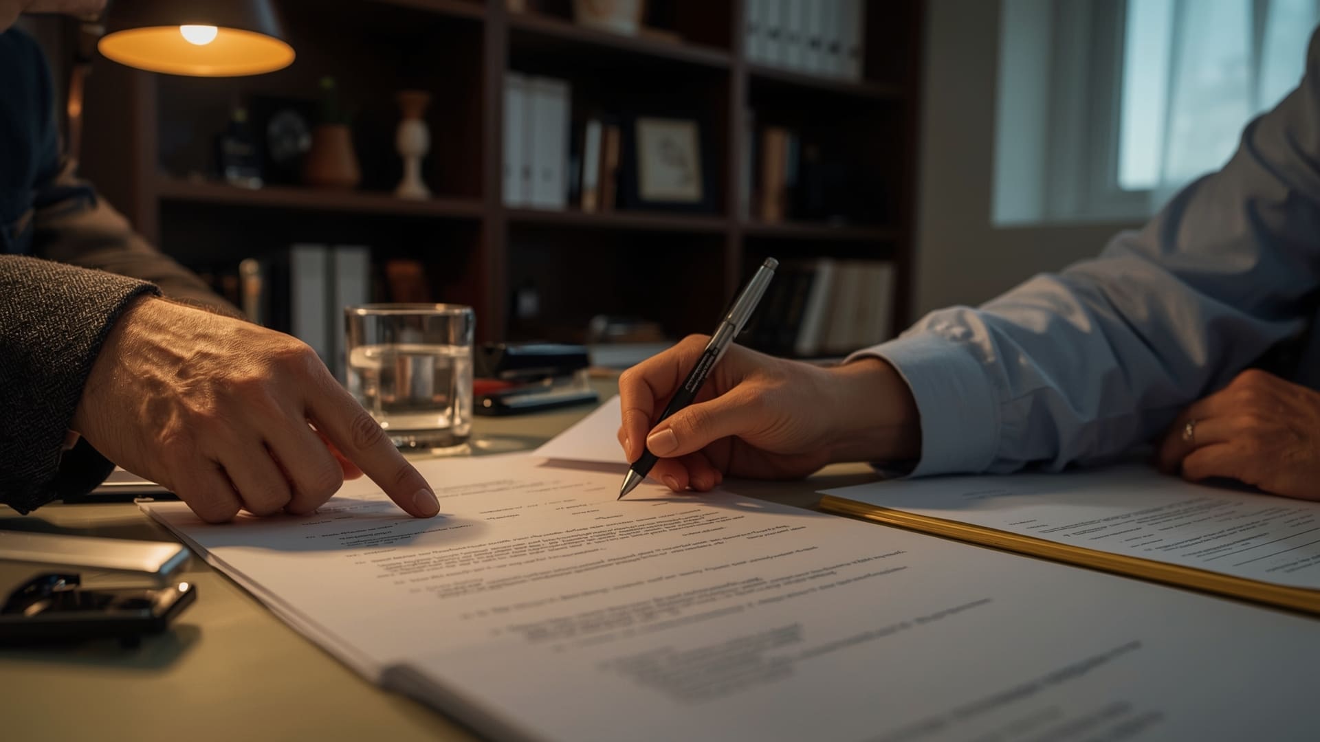 Hands reviewing owner financing land contract with attorney pointing to legal terms
