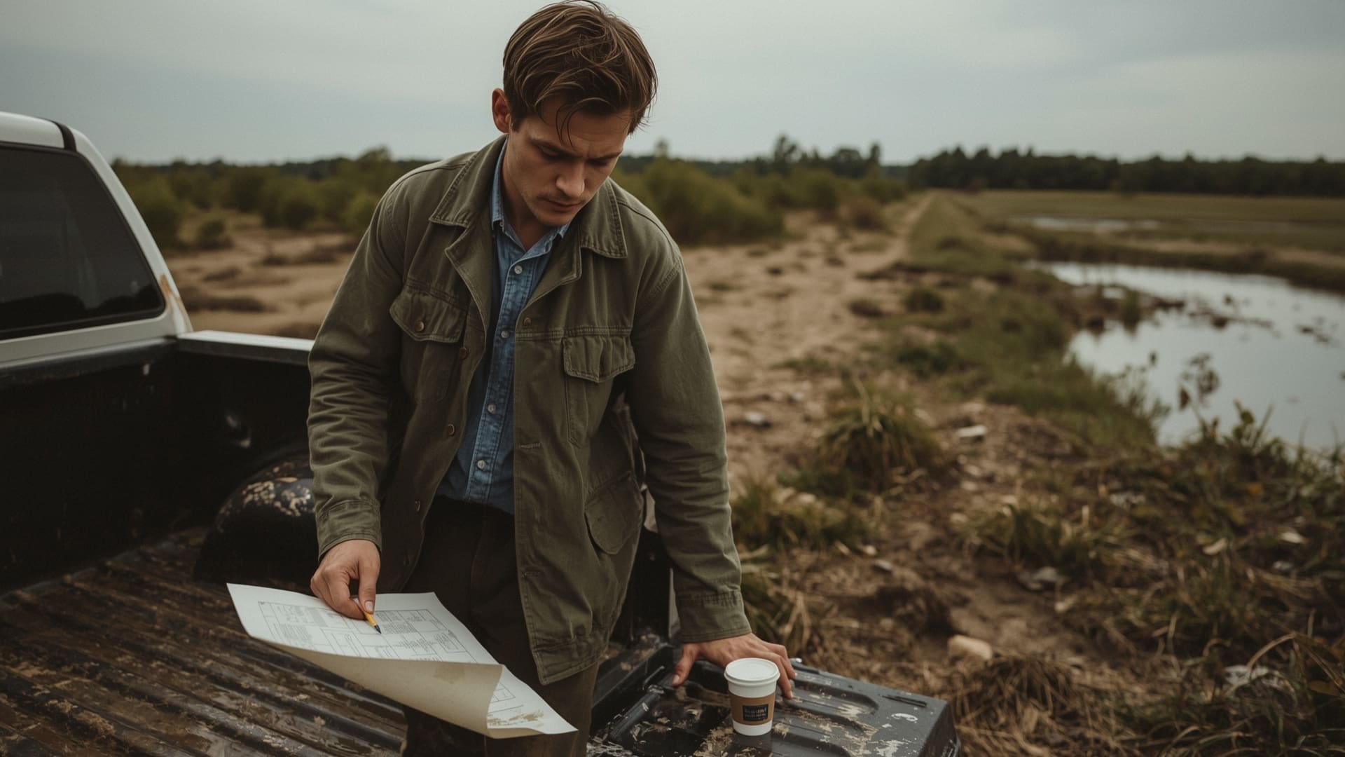 Land developer reviewing site plans at truck tailgate on undeveloped raw land parcel