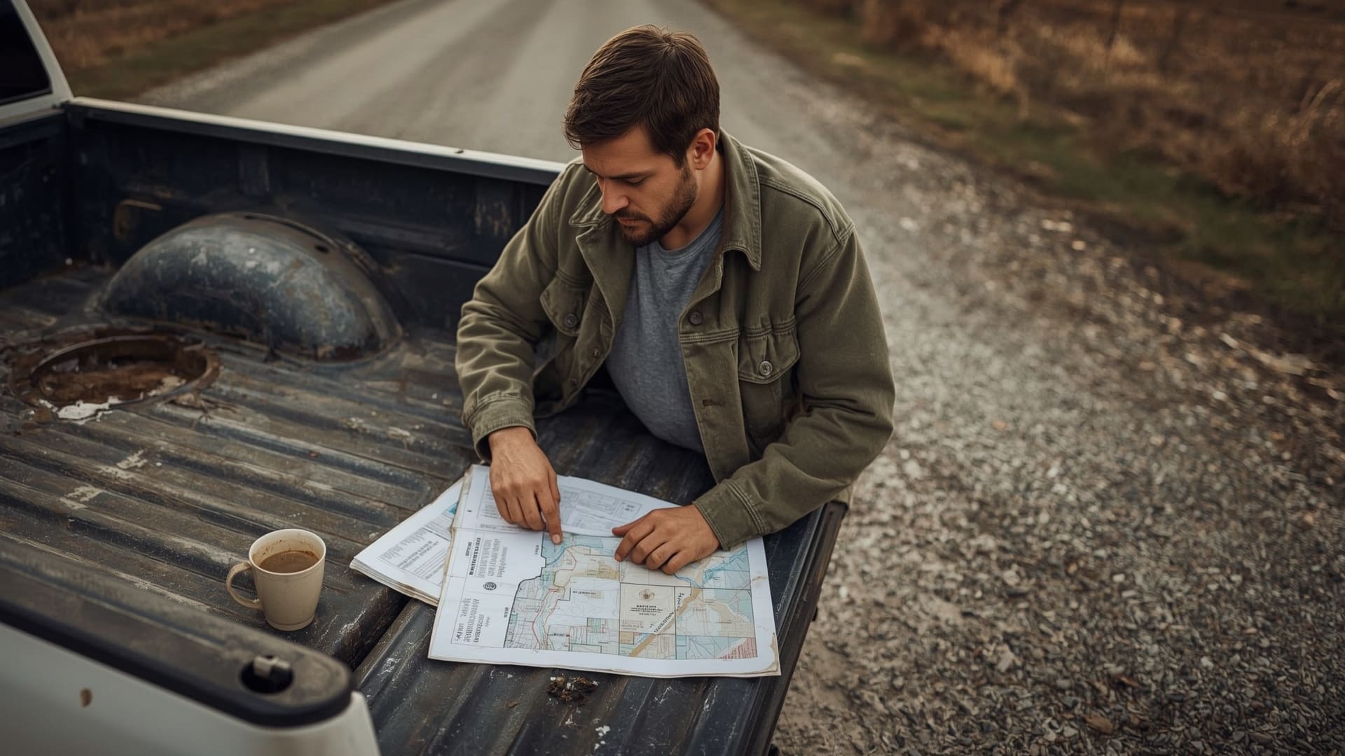 Man reviewing land perc test documents and soil maps at truck tailgate on rural property
