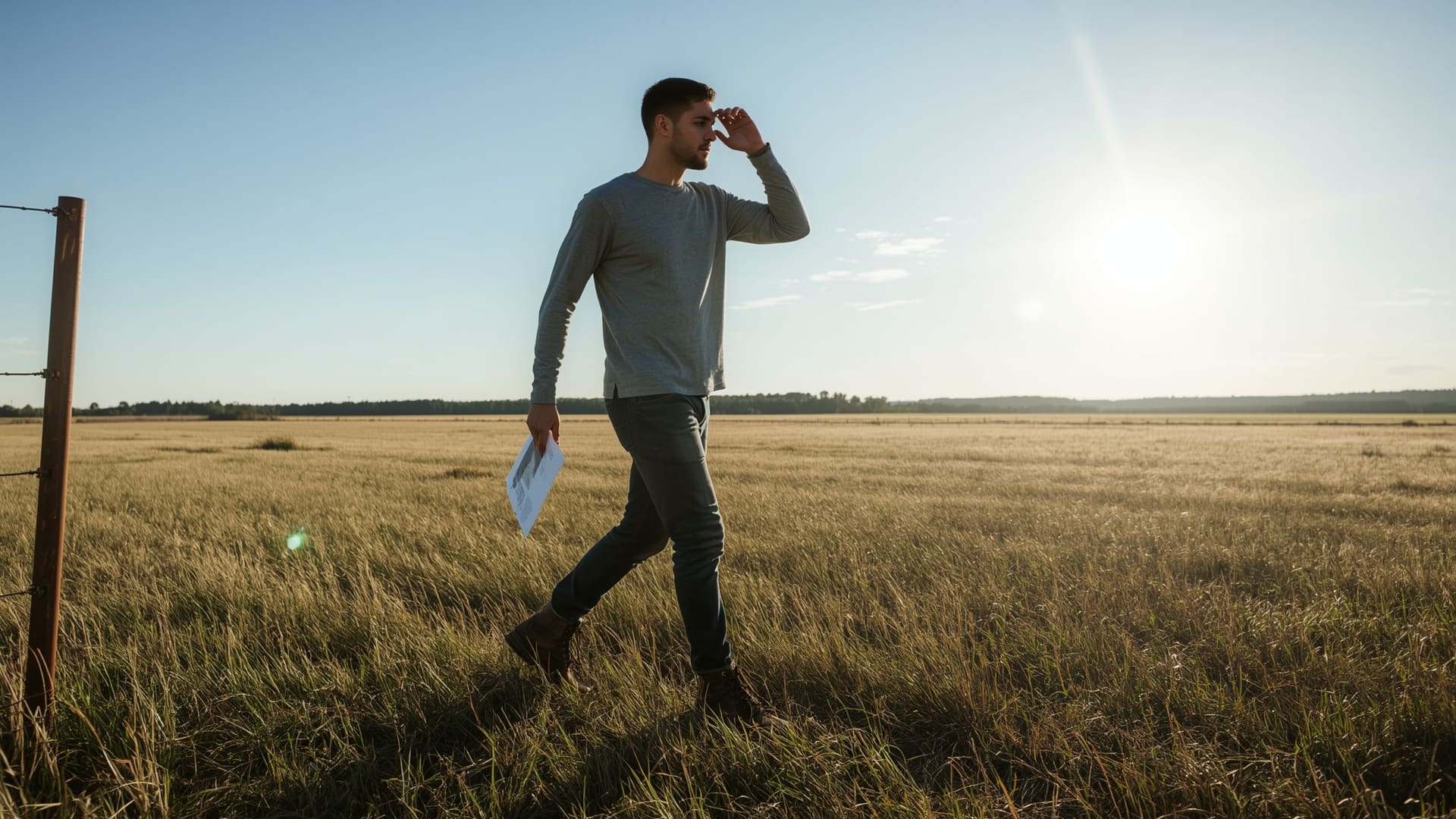 Man walking owner financed raw land parcel at golden hour reviewing property printout