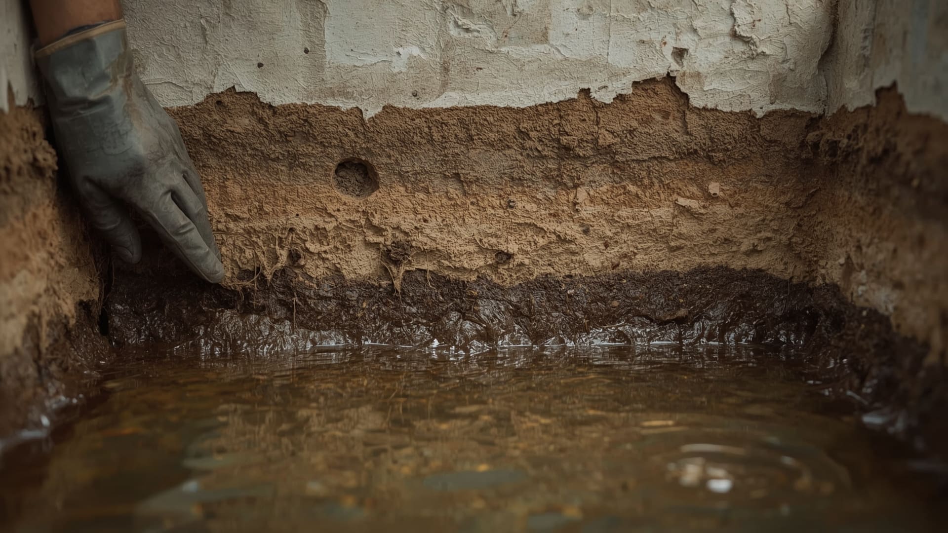 Soil profile cross-section showing clay hardpan layer and standing water in excavation