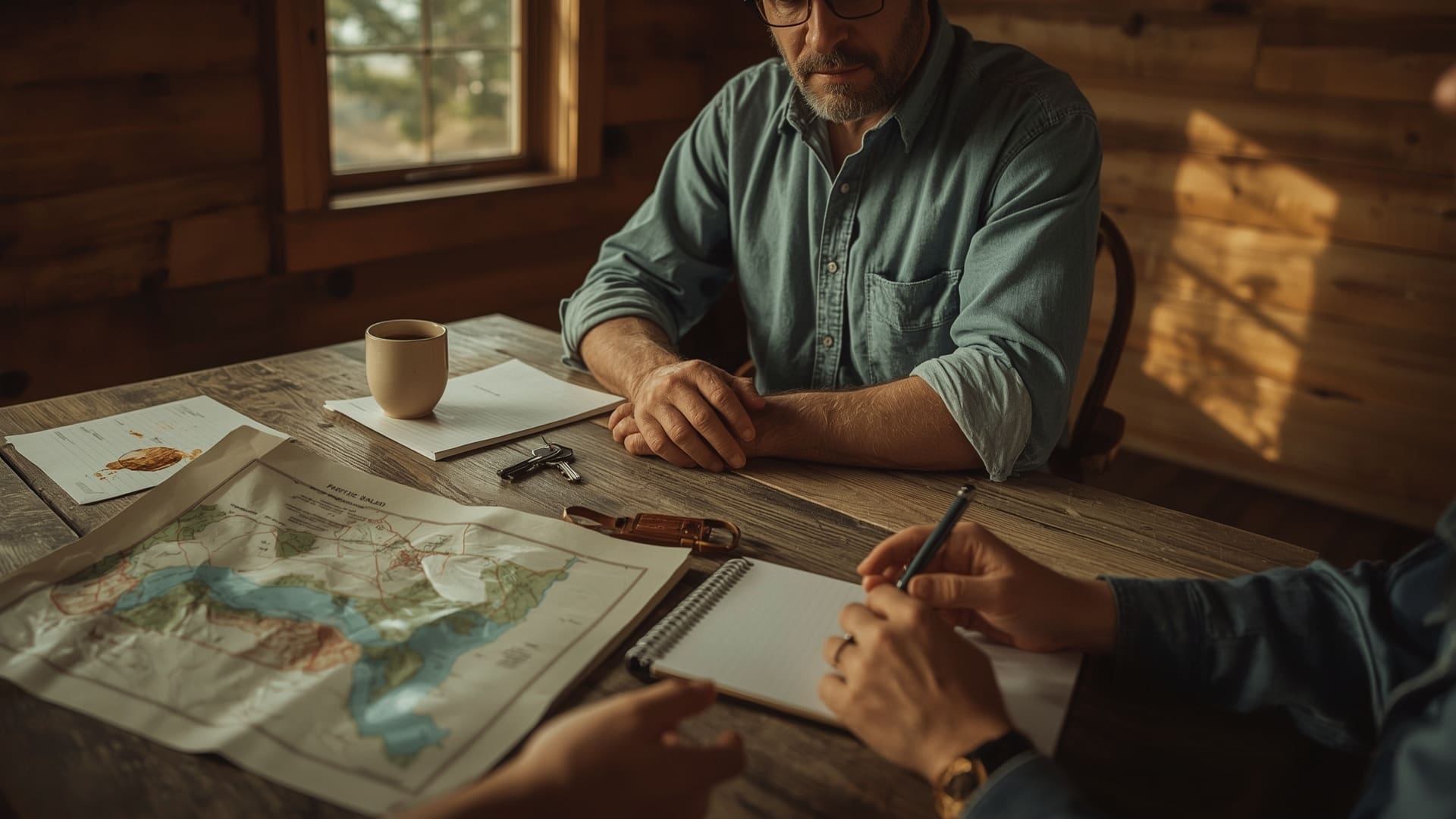 Two people negotiating owner financed land deal over documents at rural farmhouse table