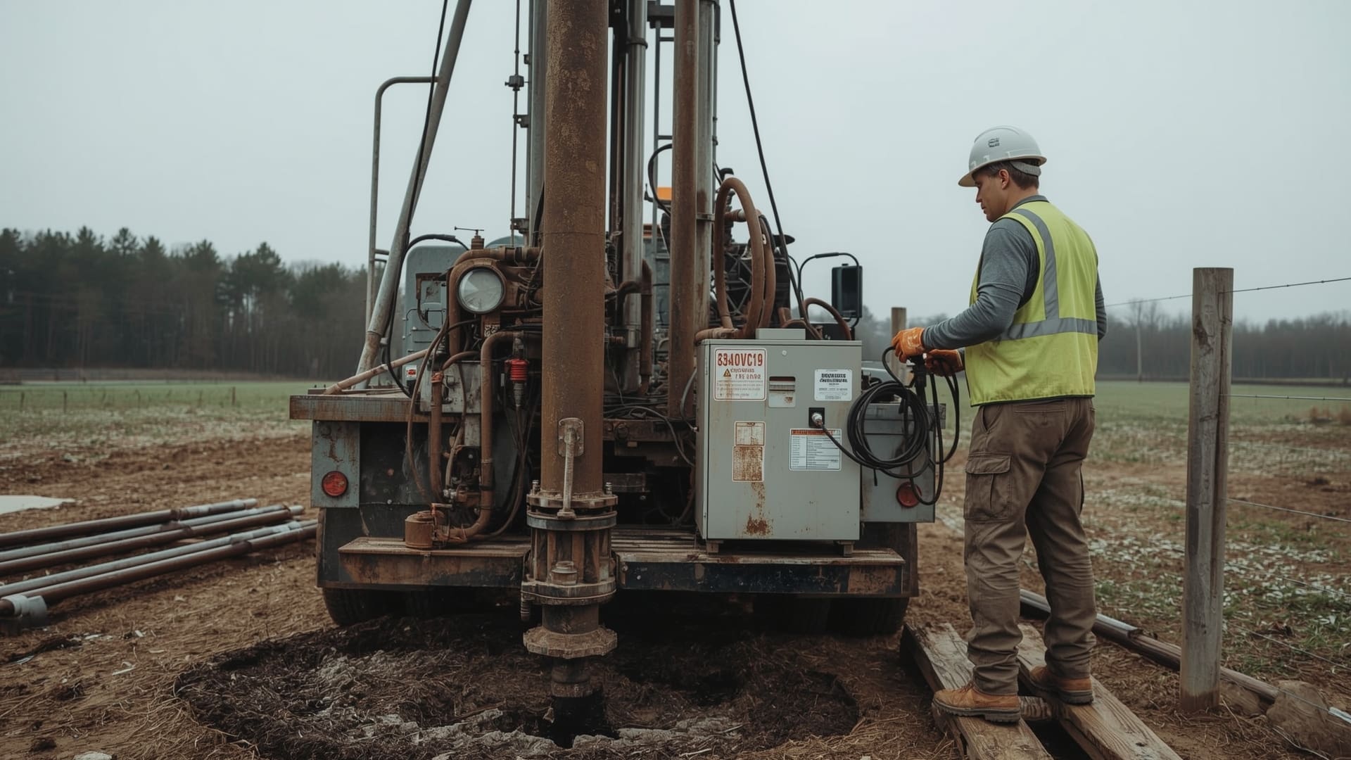 Well drilling rig on rural raw land with worker operating equipment mid-process