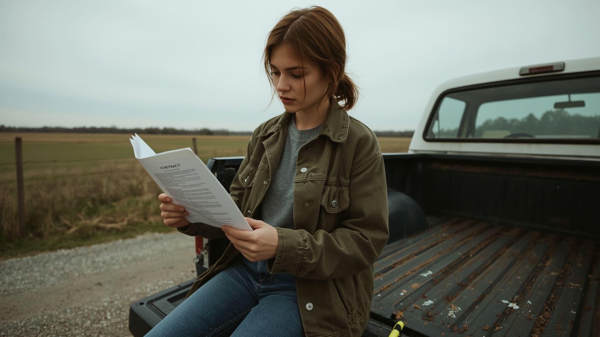 Woman reviewing owner financed land contract documents on truck tailgate in open field